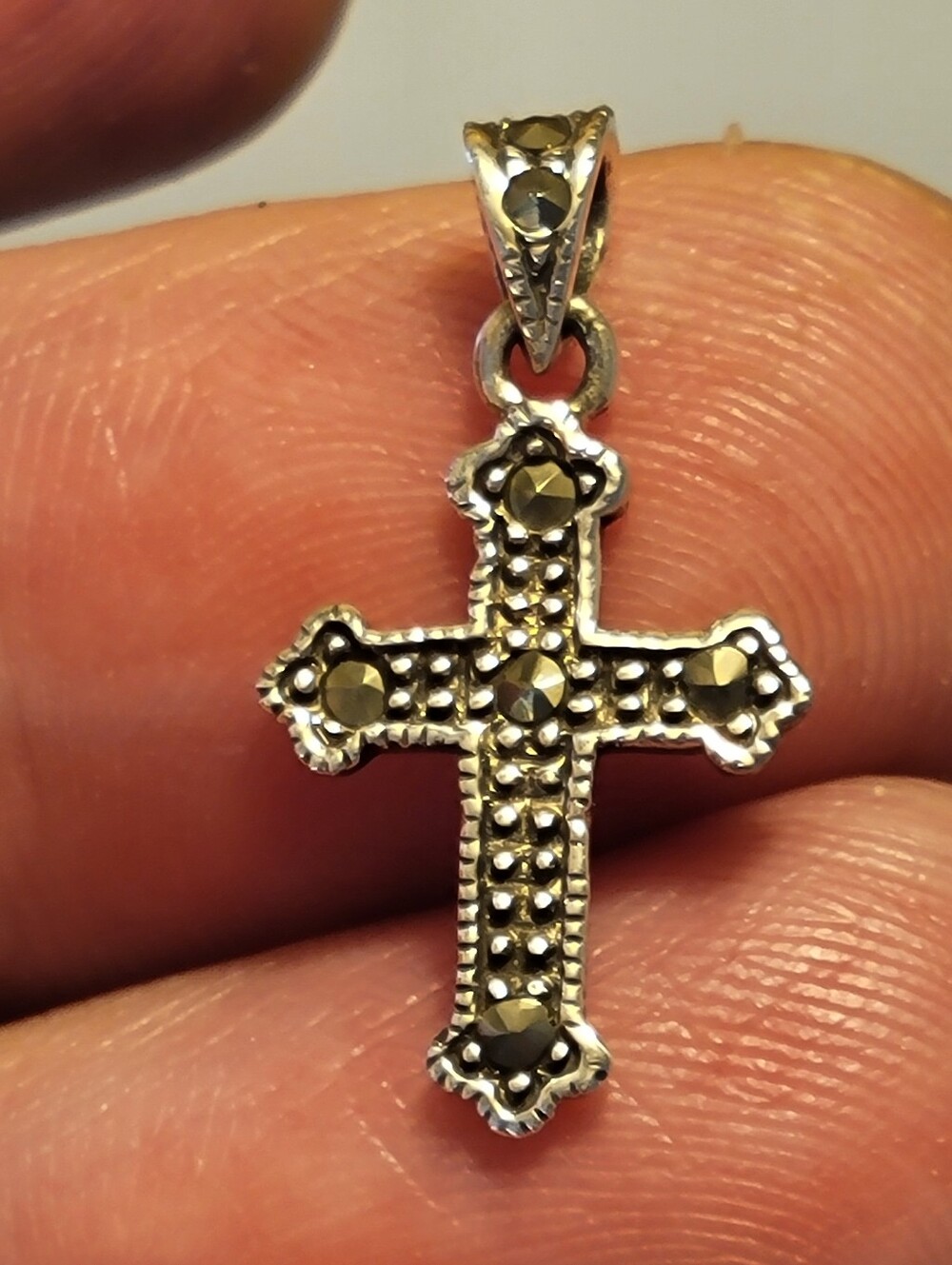 Vintage Sterling Silver Marcasite Cross Pendant Necklace 925 Religious Crucifix